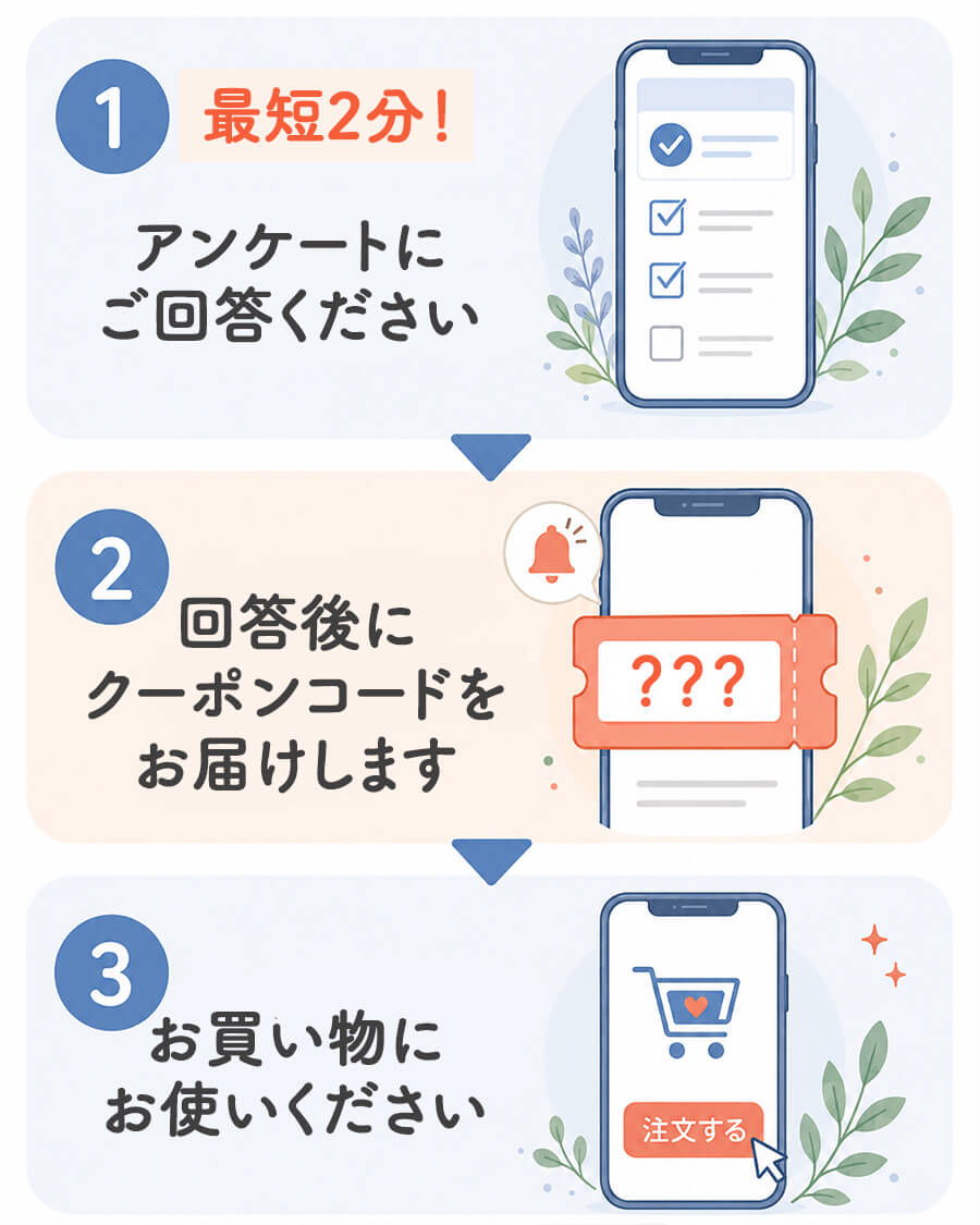 アンケートご回答後にクーポンコードをお届けしますのでお買い物にお使いください